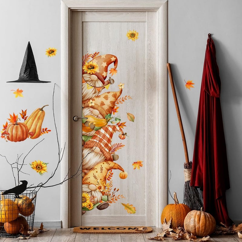 Demonwer 43.3 X 15.74 Inch Fall Gnome Door Stickers Cute Gnome Pumpkin Sunflower Door Sticker Decor for Living Room Bedroom Fall Thanksgiving Harvest Festival Party Favorites - Image 4